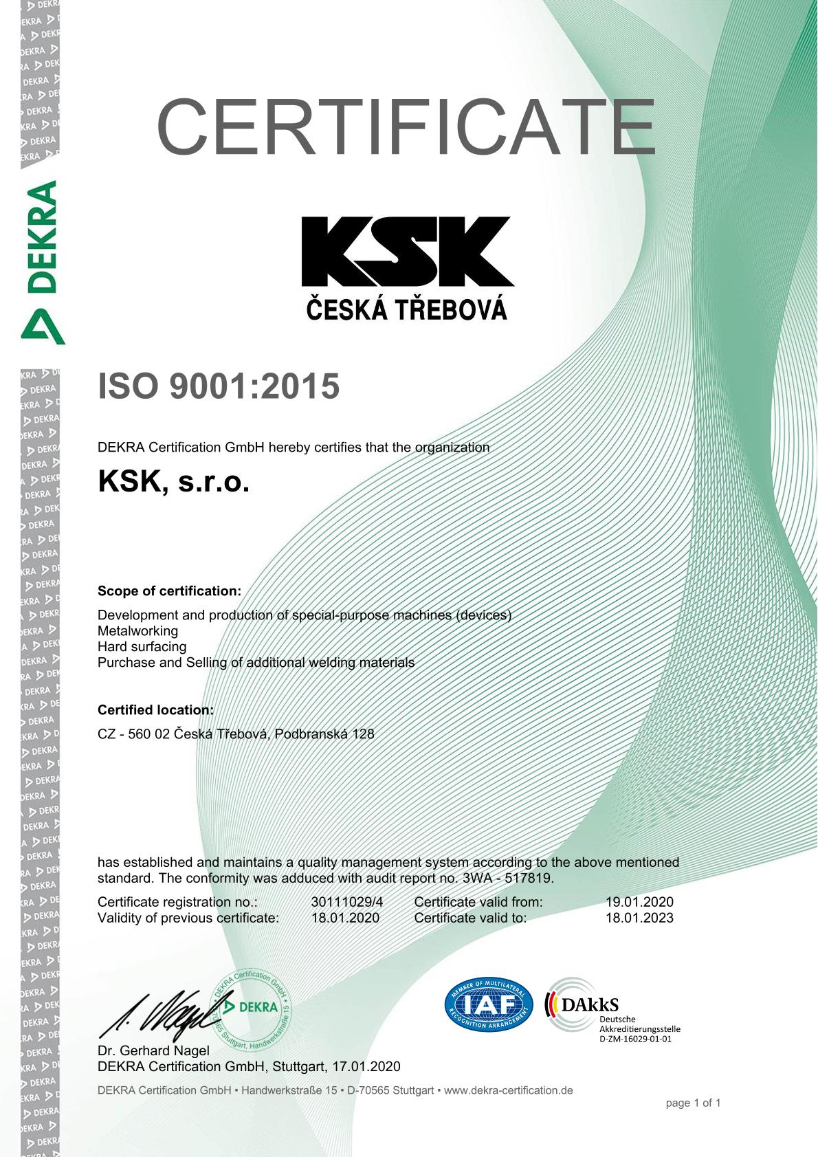 certifikát ISO 9001 - EN
